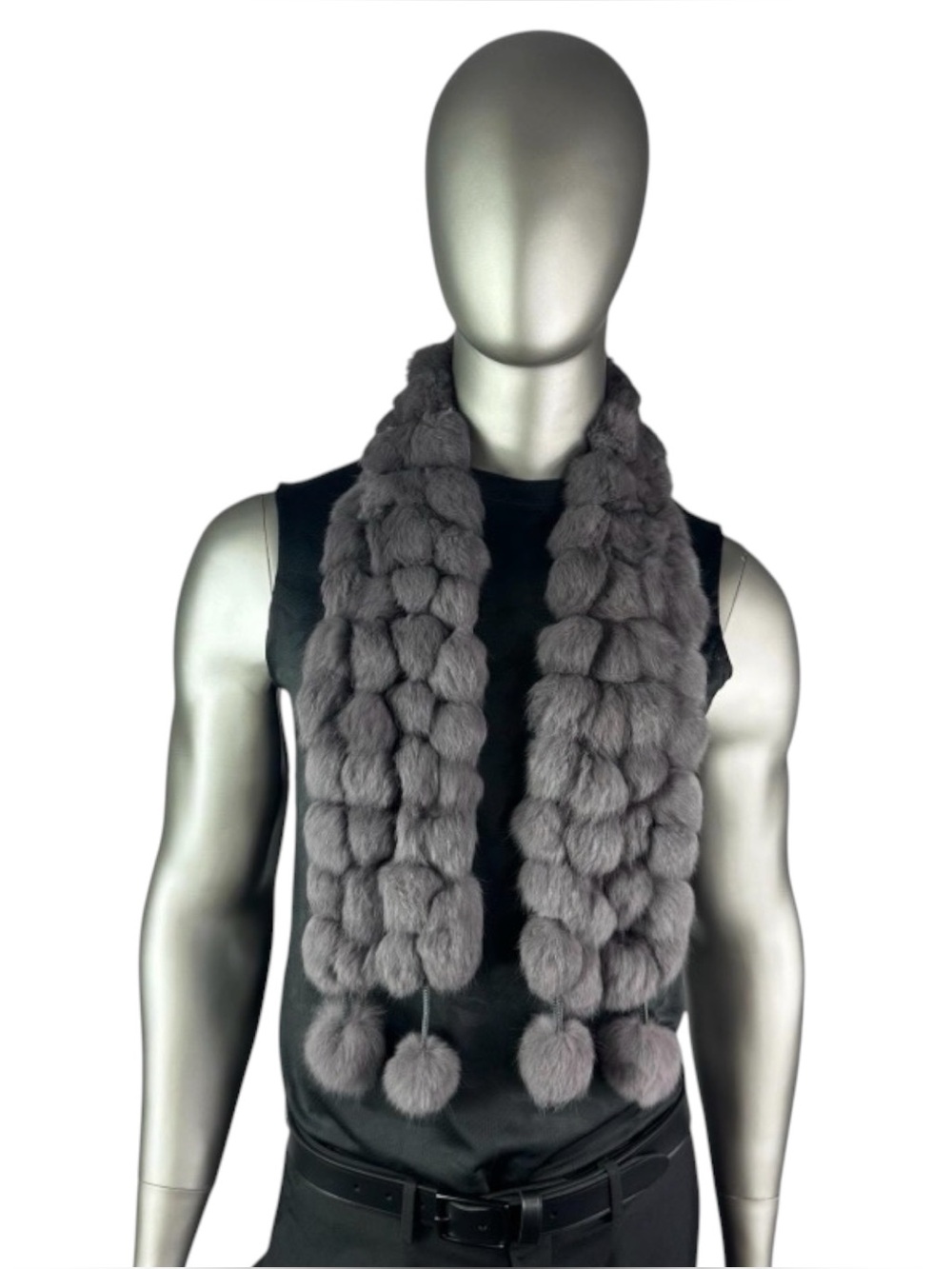Men’s Gray Rabbit Scarf w/Pom Poms, Sz 47” L, Certified Vintage Fur